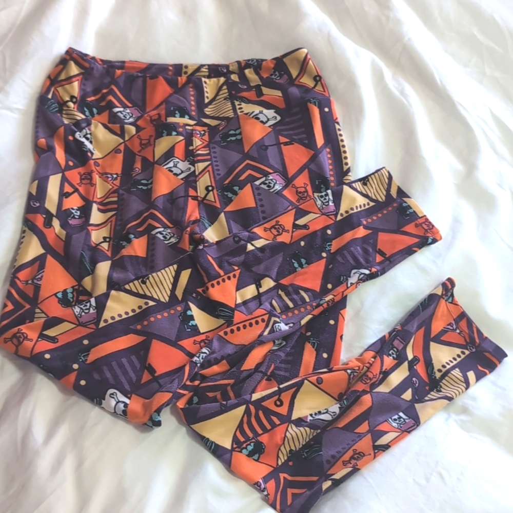 LuLaRoe Halloween Leggings Women's One Size Orange Purple Skull Rock Goth